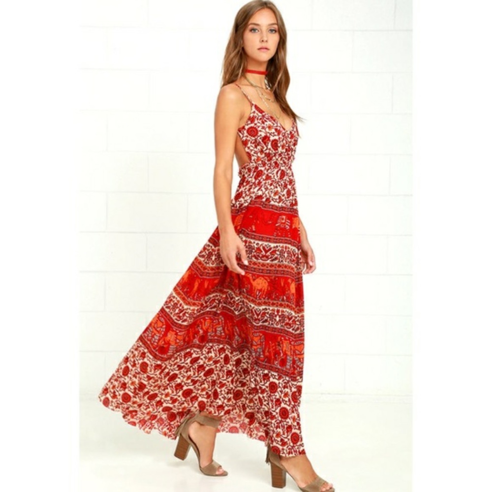 Size S Raga Anaya Red Orange Print Backless Maxi Dress